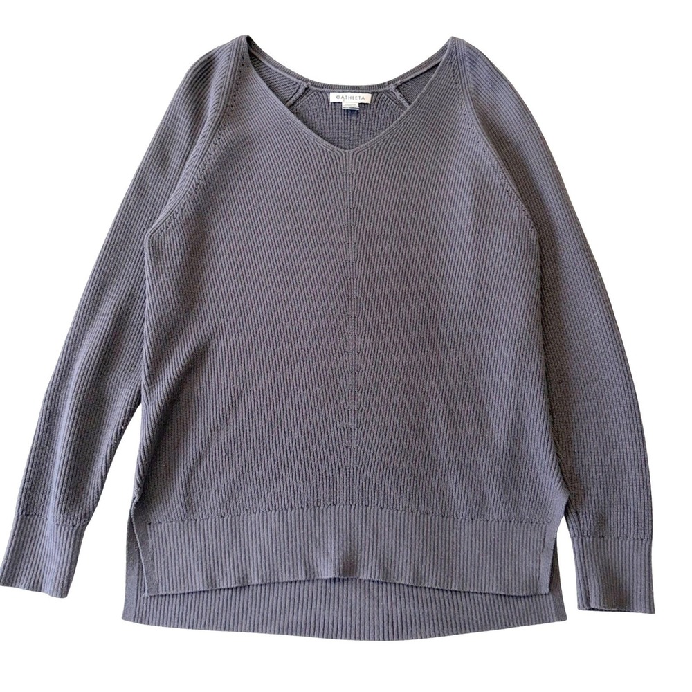 Athleta Hanover Merino Wool Sweater V-Neck Ribbed Lavender Gray Quiet Luxury M - Picture 6 of 13